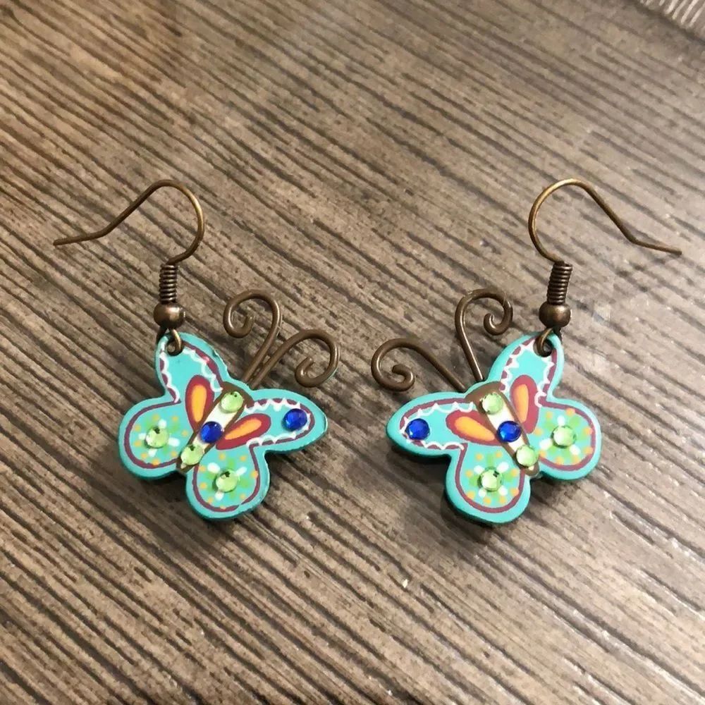 Vintage Painted Metal Butterfly Earrings with Rhinestone Accents